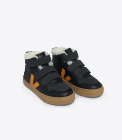 Kinder VEJA V-10 MID FURED LEATHER BLACK OURO GRAFITE